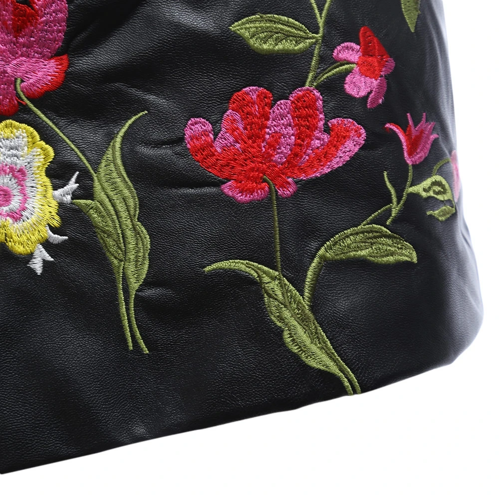 VESTLINDA Black Skirt Floral Embroidery Vintage PU Leather Pencil Skirt Women Slim High Waist Zipper Mini Ethic Plus Size Skirts 18