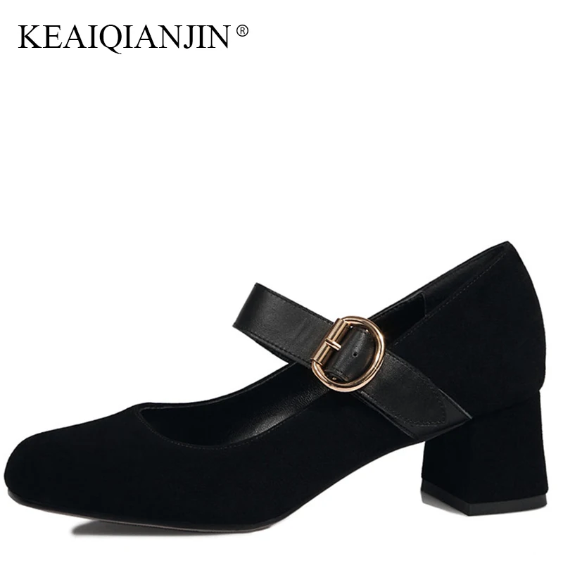

KEAIQIANJIN Woman Genuine Leather Mary Janes Plus Size 41 43 High Heels Shoes Spring Autumn Black Red Casual Square Toe Pumps
