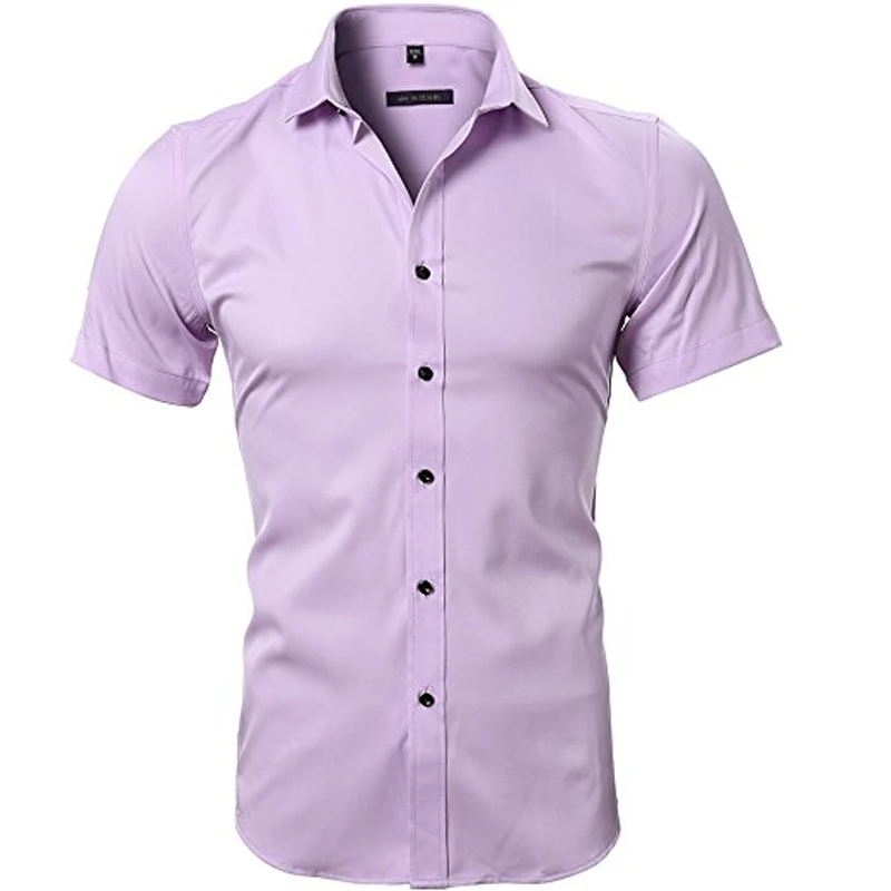 Мужские рубашки из бамбукового волокна, приталенные рубашки с коротким рукавом, повседневные рубашки на пуговицах, летние новые эластичные рубашки для формальной работы, брендовые рубашки