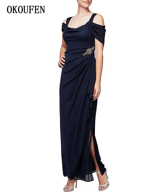 

Navy Blue Mother of the Bride Dresses 2019 Women Formal Wedding Party Gowns Sheath Side Split kurti vestido de madrinha farsali