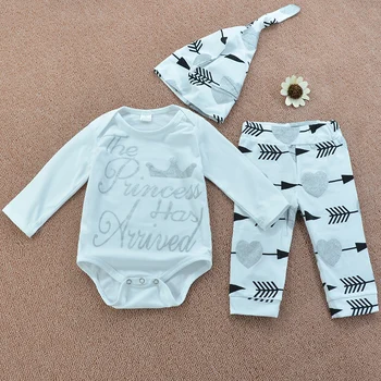 

Infant Baby Clothes Princess Arrived Print White Tops+Print Pants Hat 3pcs Bebe Kids Clothing Sets