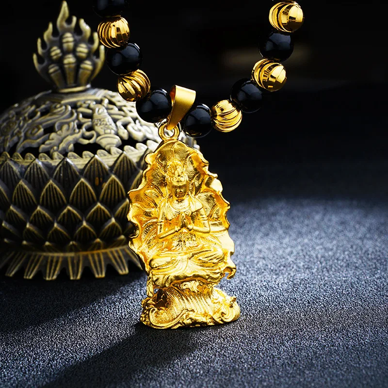 Высокое качество из натурального черного камня+ 24 K цепочка с золотыми бусинами с Буддой кулон с драконом ожерелья для мужчин Роскошные Длинные/чокер ювелирные изделия