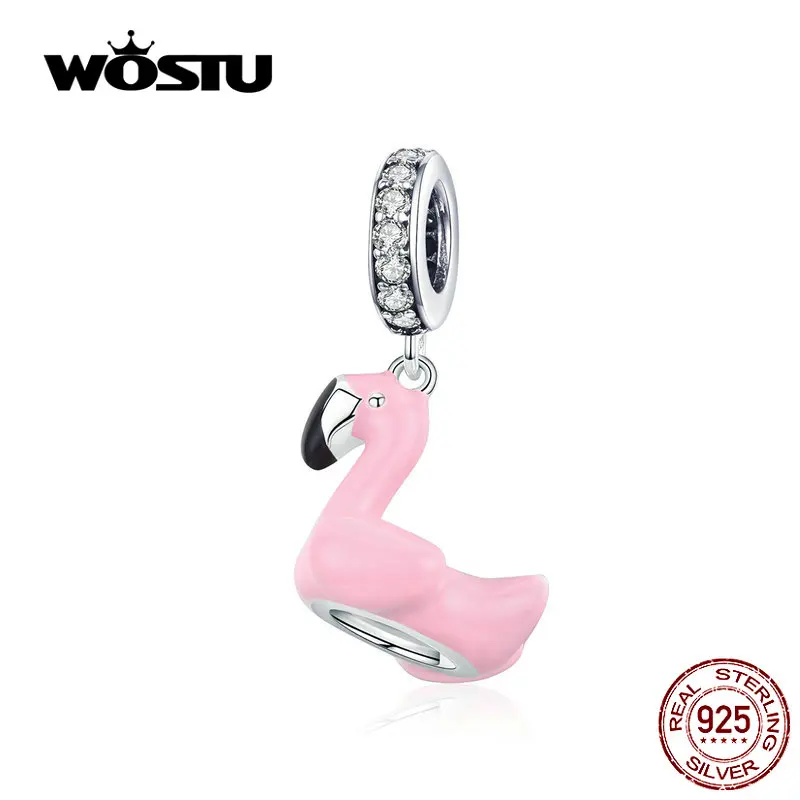 

WOSTU Pink Flamingo Dangle Charm 925 Sterling Silver Zircon Beads Fit Original Bracelet Pendant Silver 925 Jewelry CQC1240