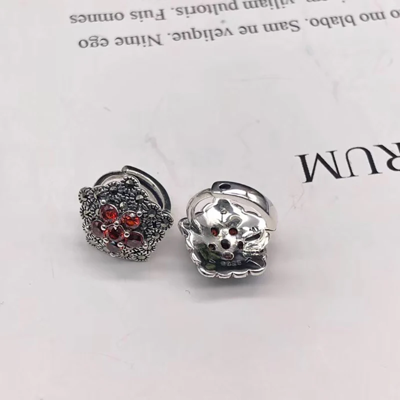 BALMORA100% Настоящее 925 пробы серебро красный гранат клип серьги для женщин Модные Винтажные оригинальные тайские серебряные ювелирные изделия Aretes