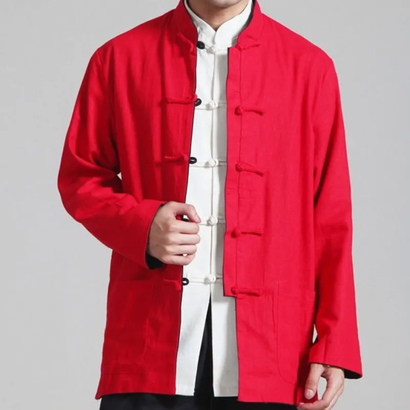 Мужской костюм Тан красный черный винтажное китайское Двустороннее пальто хлопок лен Реверсивный кунг-фу куртка боевые искусства рубашки