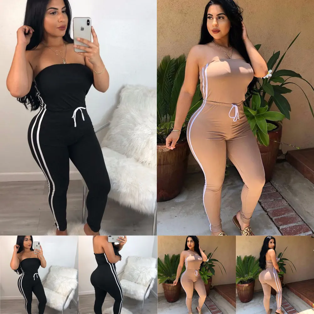 Summer Women Off Shoulder Jumpsuits New Hot Rmpers Ladies Lace Up Side Stripe Bodycon Elastic Romper Bodysuits Casual