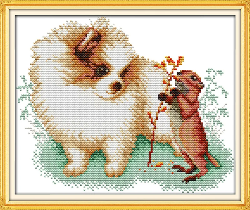 

Pomeranian and squirrel Printed on Canvas DMC Counted Chinese Cross Stitch Kits printed Cross-stitch set Embroidery Needlework