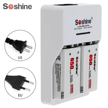 

2pcs Soshine 650mAh 9V 6F22 Rechargeable Battery + Smart Intelligent Ni-MH Li-ion Battery Charger with LED Indicator with box