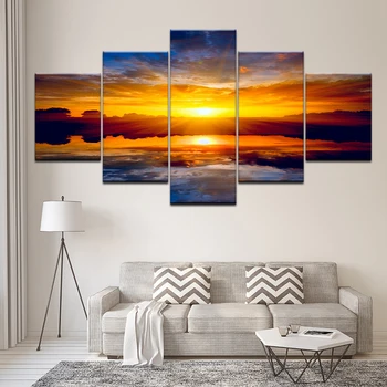 

Nature Landscape Poster Sunset Wall Art Oil Painting Modular Canvas Print Pictures for Living Room 5 Piece Modular Frame Artwork