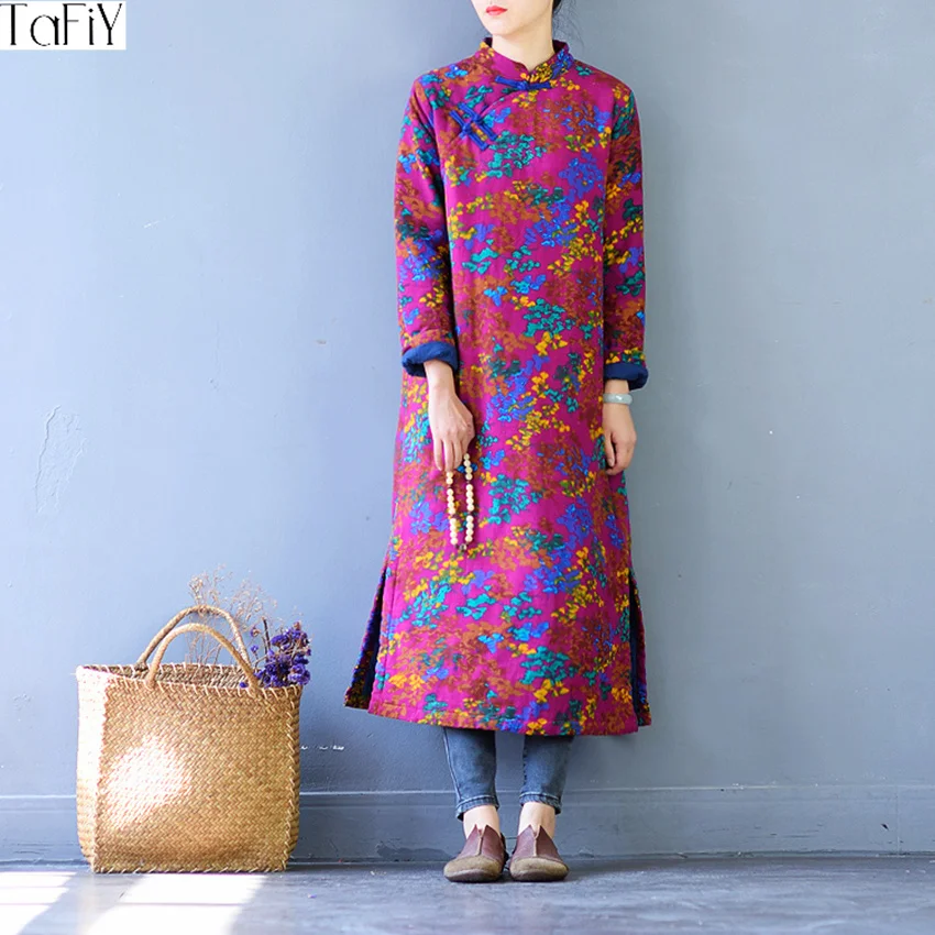 

TaFiY Vestidos 2017 Women Winter Dresses Vintage Print Handmade Plate Buttons Quilted Warm Linen Cotton Dress Loose Long Robes