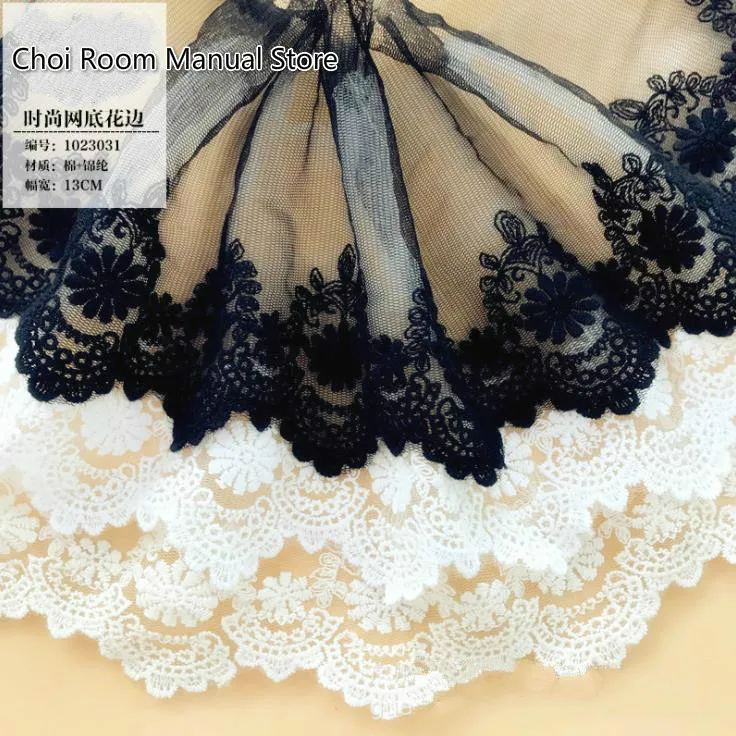 

5Yard/lot High quality diy handmade clothes accessories net cotton embroidery lace fabric black white13cm lace trim decoration
