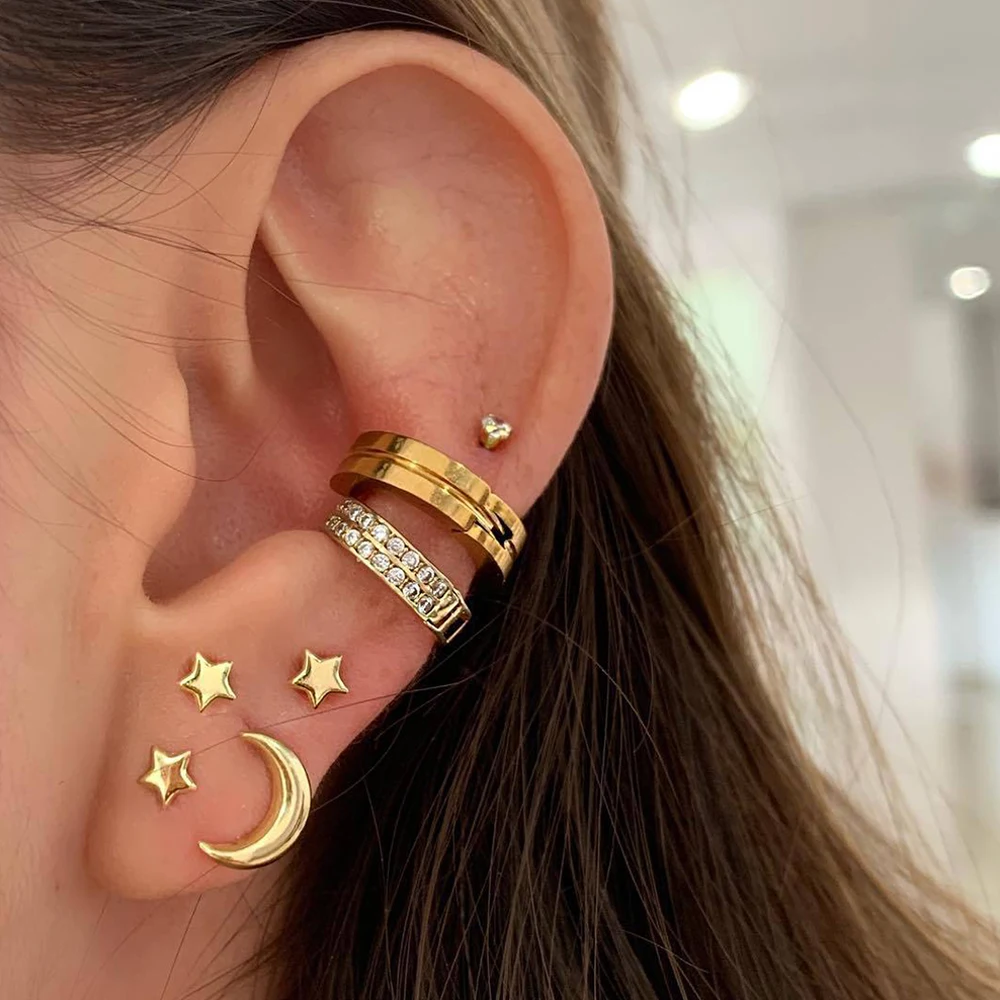 

7 Pcs/set Women Classic Gold Stars Moon Geometry Crystal Stud Earrings Set Fashion Cute Party Wedding Jewelry Accessories