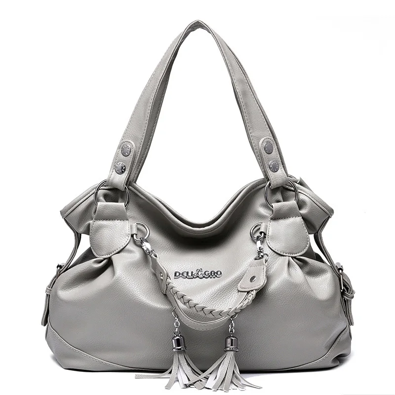Новая Большая вместительная сумка на плечо женские сумки с кисточками Женская Повседневная сумка из мягкой искусственной кожи дамские сумки-Хобо Bolsa Feminina - Цвет: Light Gray