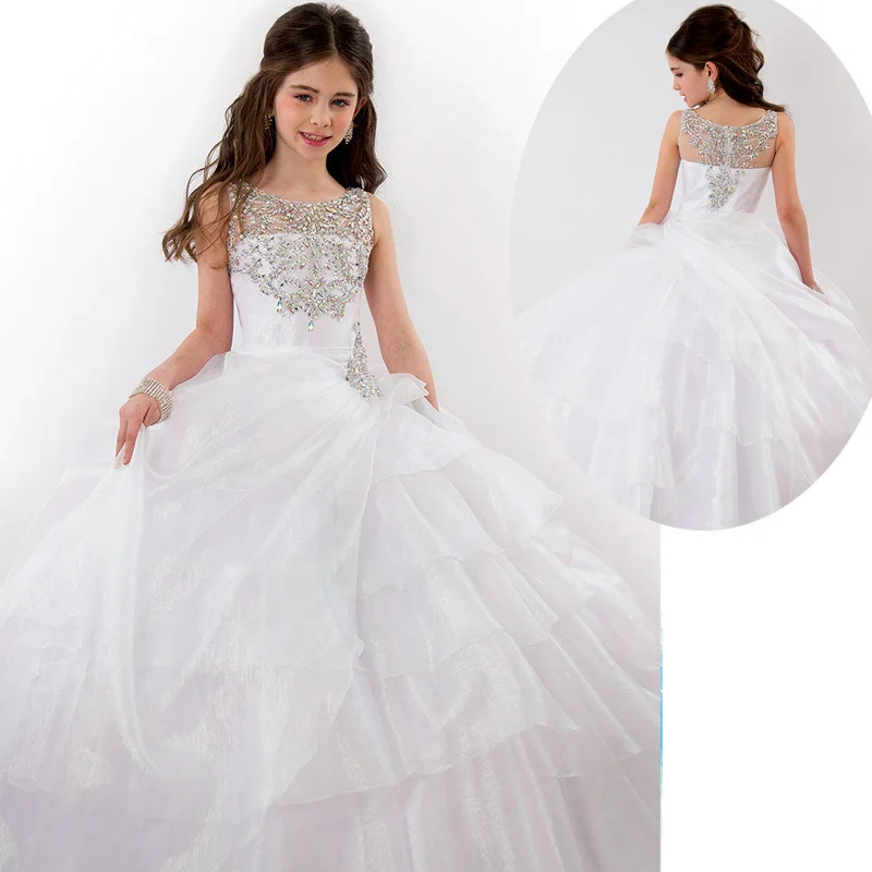 

White Silver Crystals Girls Pageant Gowns 2015 Ball Gown Dresses For Girls Kids 10 14 Princess Flower Wedding Party Dresses
