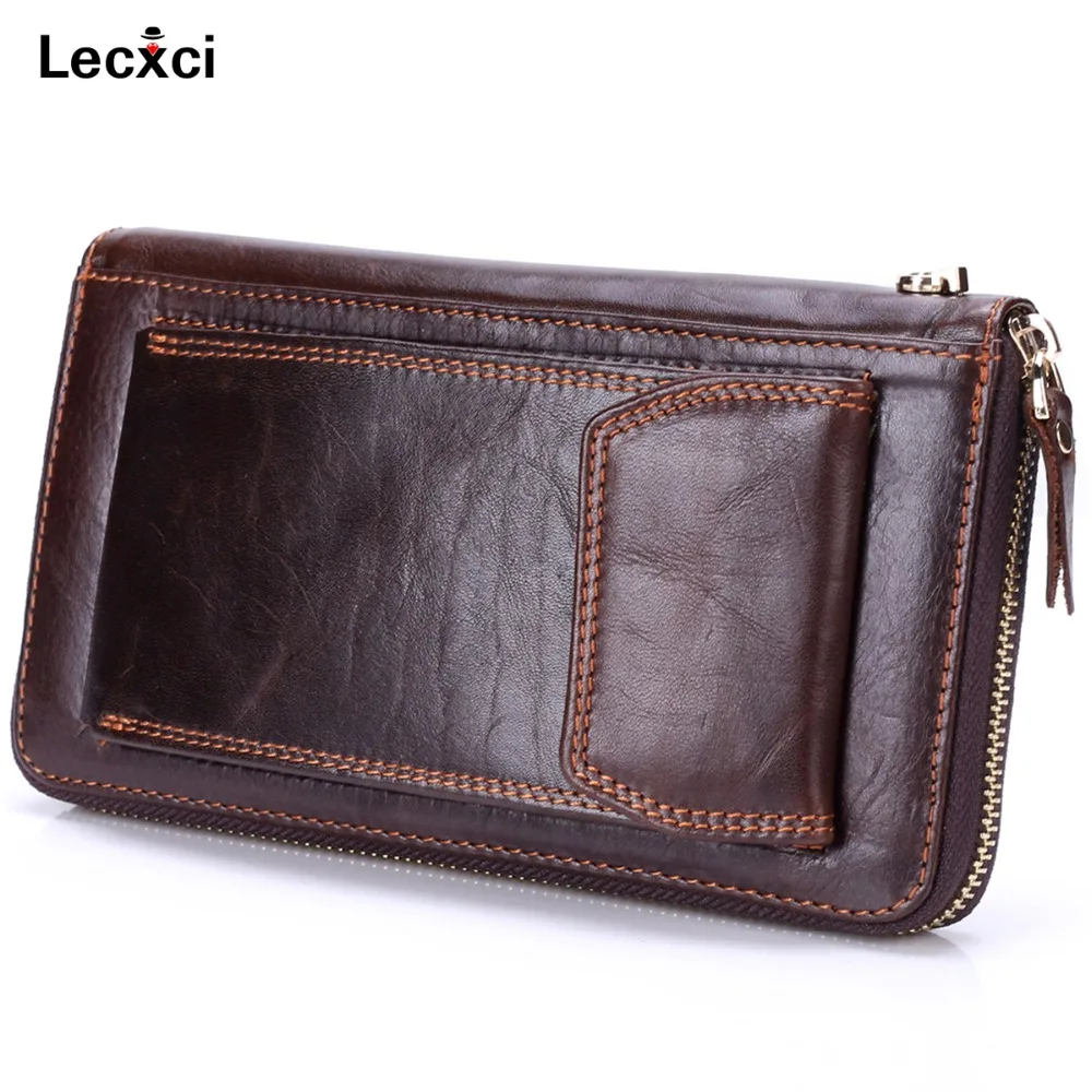 

Lecxci Mens Genuine Leather Clutch Bag Handbag Organizer Checkbook Wallet Card Case Wrist Wallet Bag with Cell Phone Holder