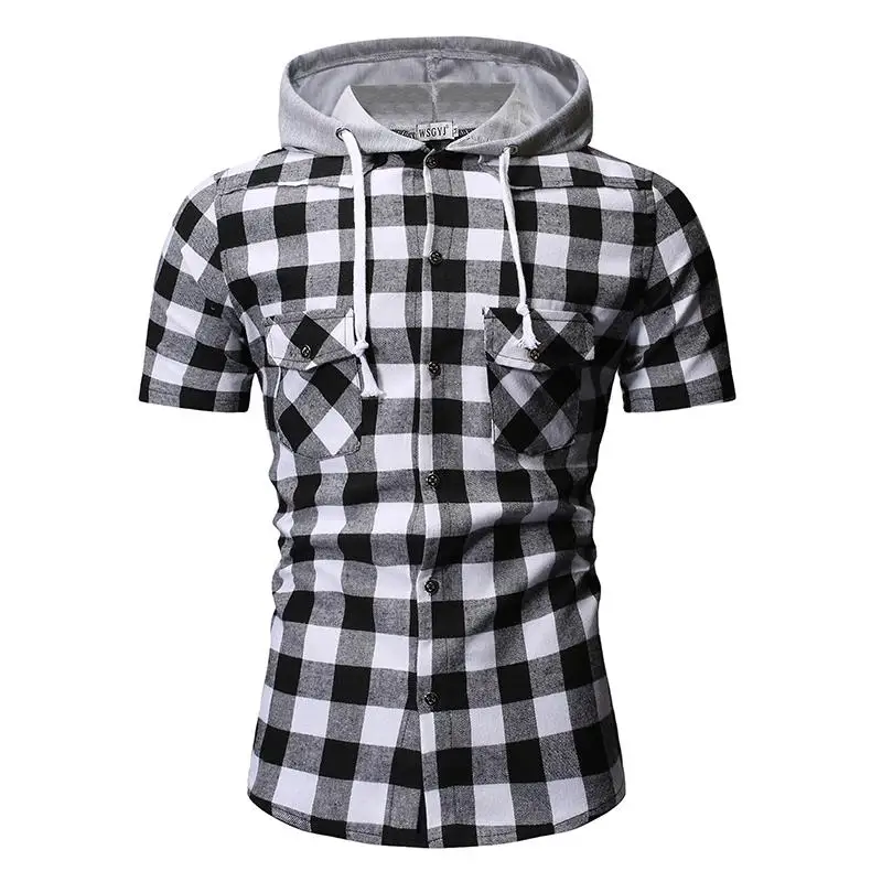 

Casual Cotton Short-sleeved Social Shirt for Men Summer Blouse Men Fashion Plaid Men's Shirt Hooded
