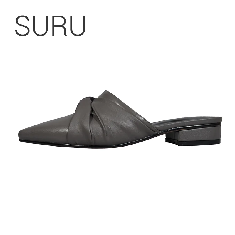 

SURU Leather Pointed Toe Mules Shoes Women Low Heels Slippers With Bow Details
