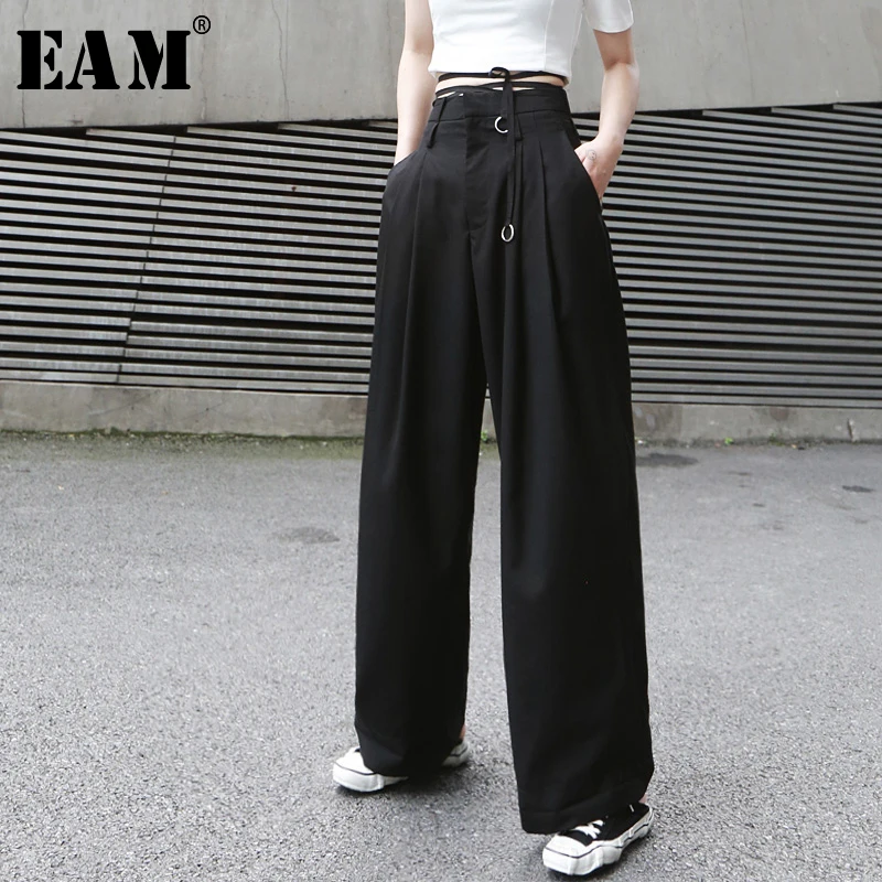 

[EAM] 2019 New Autumn Winter High Waist Loose Button Brief Bandage Long Wide Leg Pants Women Trousers Fashion Tide JX399