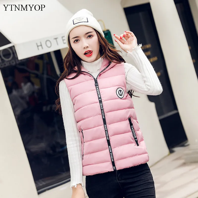 YTNMYOP Brands Short Down Cotton Vest Winter Women Sleeveless Jacket Slim Female Coat Green Thicken Casaco Hooded Girls Vests - Цвет: Розовый