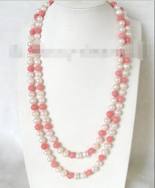 

Free Shipping >> CLASSIC 50" 10mm white natural freshwater pearls& pink jade necklace a0802