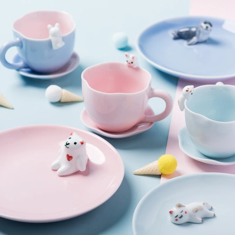 Cute cartoon children ceramic fruit tray Porcelain Coffee cup set Rabbit white Bear