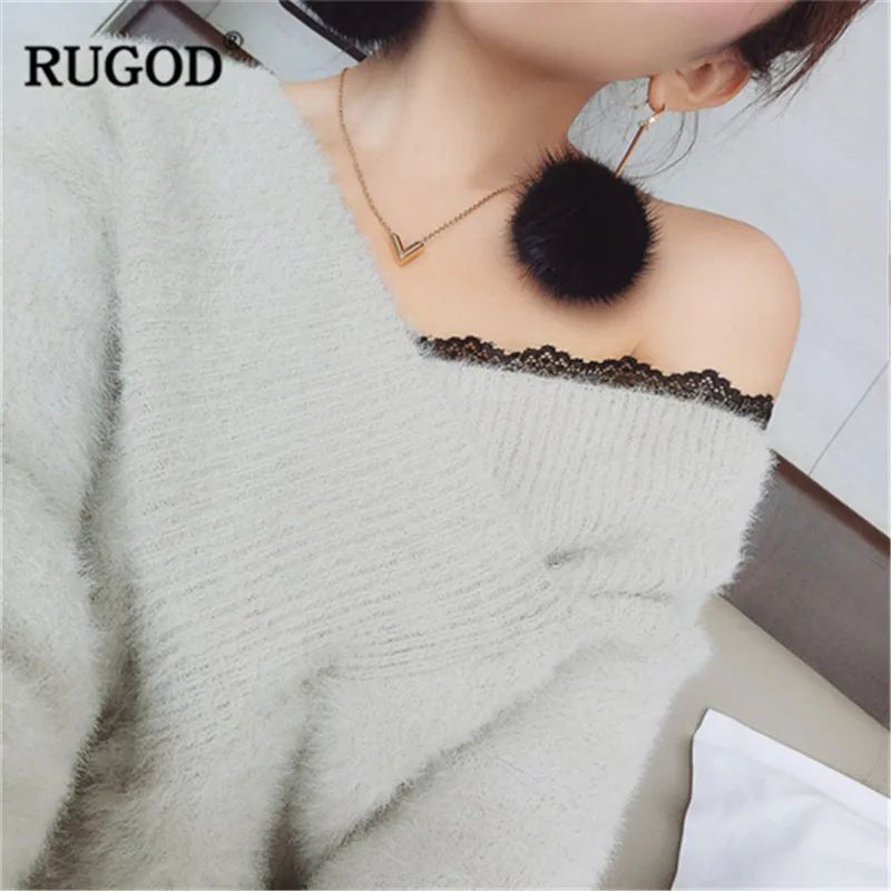 

RUGOD Vintage Fashion Women Pullovers Lace Casual Solid Women Sweaters V-Neck Knitted Warm Winter Clothes pull femme hiver