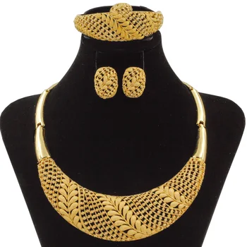 

African Bride Gold Jewelry Sets Fashion Women Necklace Earrings Bracelet Nigerian Wedding Jewelry Accessories Christmas Gifts