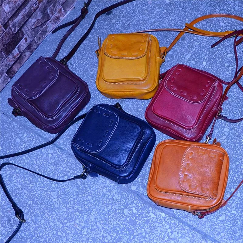 Literary Fan Leather Bags Vegetable Mink Handmade Pouch Tree Cream Retro Square Ba