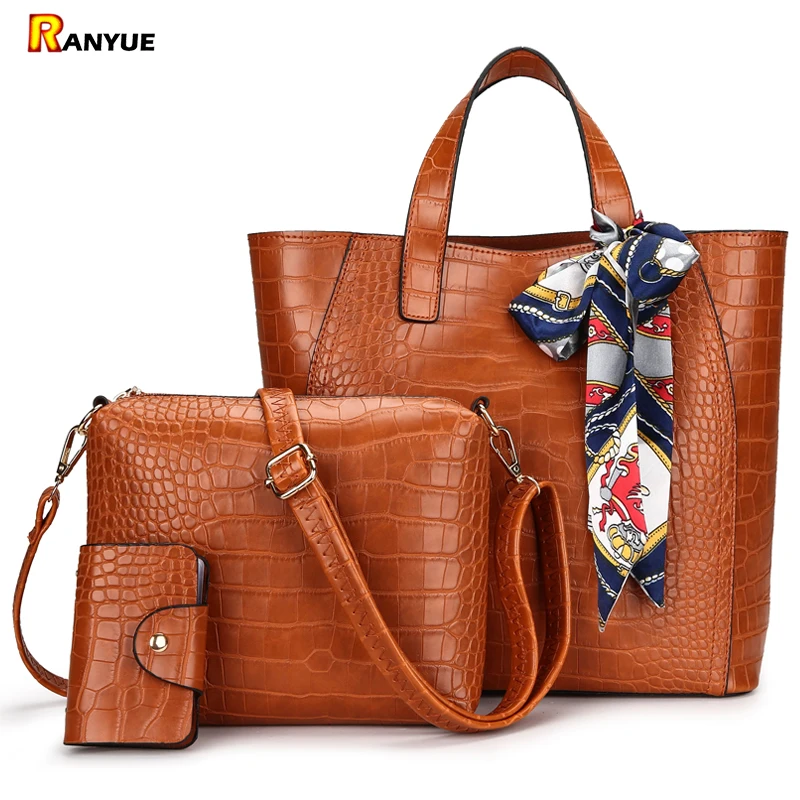 

Scarf Women Bag 3 Sets Handbag Crocodile Women Leather Tote Bag Women Handbags Shoulder Crossbody Bags+Small Card Holder Bolsa