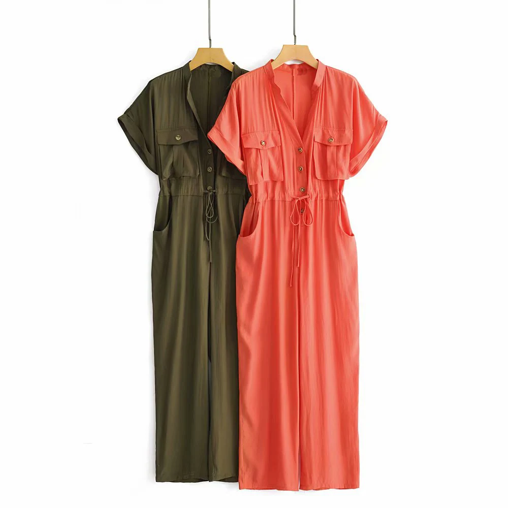 

2019 Women Solid Color Jumpsuit Romper Short Sleeve V Neck Casual Playsuit Overalls Ladies Wide Leg Loose Playsuit