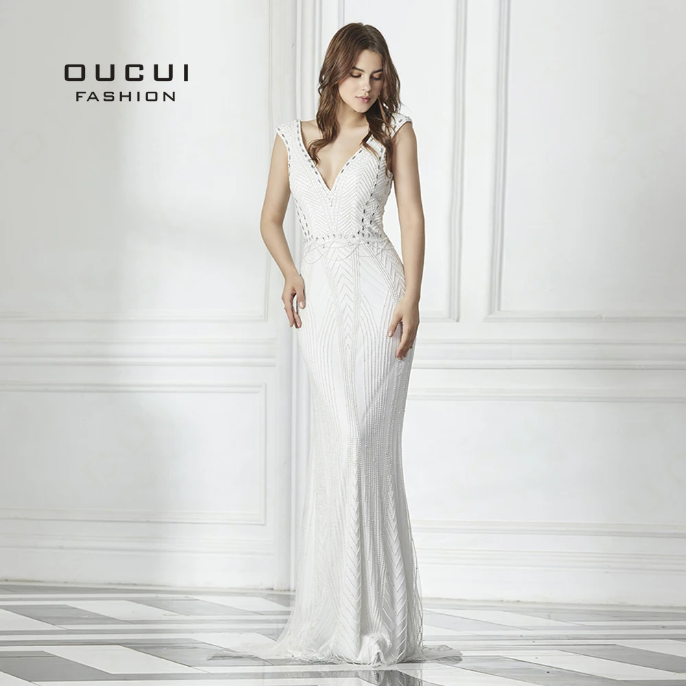 

Real Photos Beading of Tulle Evening Dress Tank Sexy Backless Mermaid Gown Formal Ivory Color OL103084