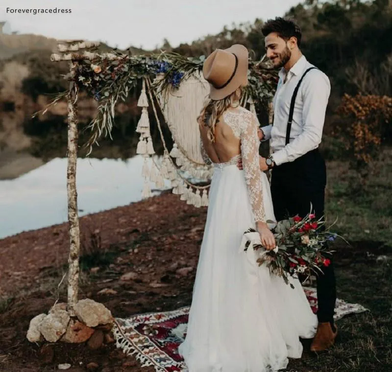 Beach Garden Boho Long Sleeve Wedding Dresses Western Country Style Sheer Lace Appliques Sexy Hollow Back Long Bohemian Bridal Gowns  139 (3)