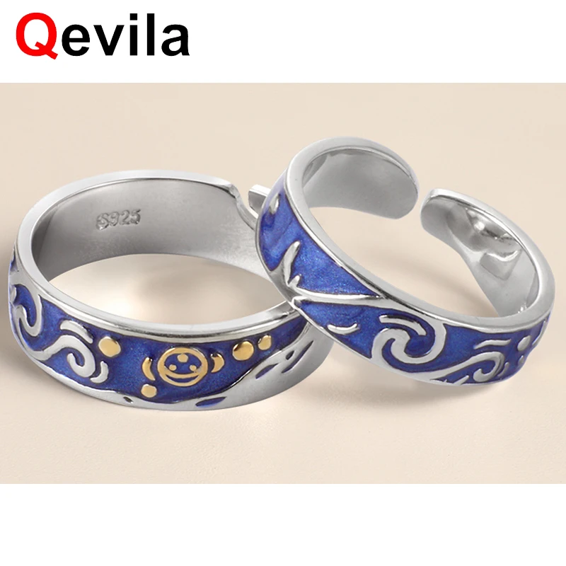 

Qevila New Personalized Rings Customized Van Gogh Enamel Ring 925 Sterling Silver Gold Moon Star Canvas Rings for women Jewelry