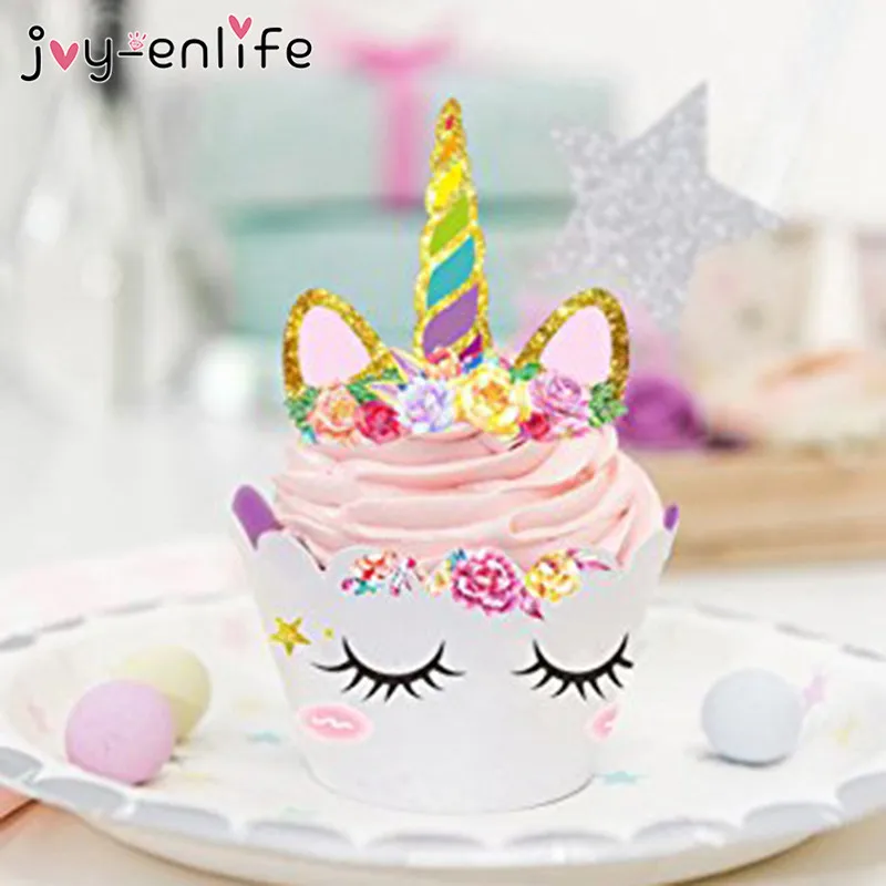 JOY ENLIFE 24pcs Cute Rainbow Unicorn Cupcake Cake