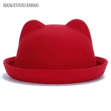 Модная одежда для всей семьи, котелок шерстяные фетровые шляпы федоры для Для женщин Девушки Дети Твердые кошачьими ушками шапка для торжественных приемов фетровой сомбреро обувь в стиле Дерби