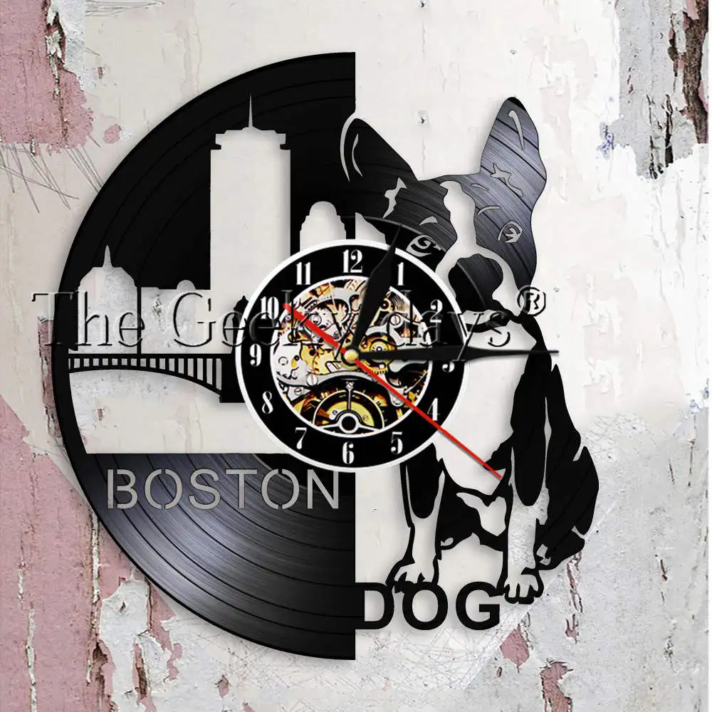 

Boston Terrier Dog Wall Clock Dog Pet Shop Sign Wall Art Dog Breeds French Bulldog Vinyl Record Wall Clock Puppy Dog Owners Gift