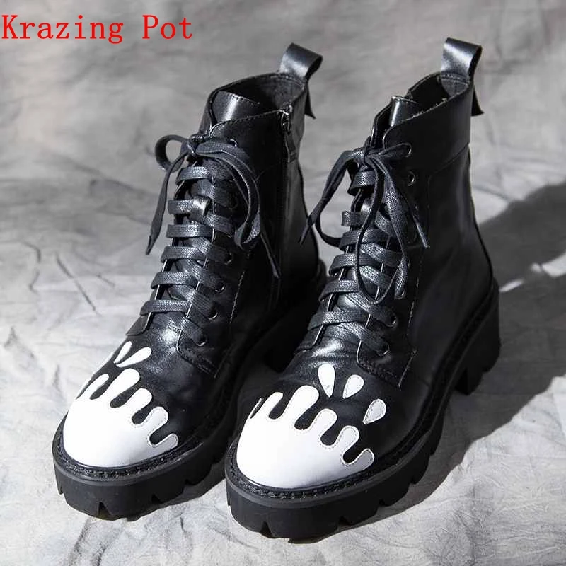 

Krazing Pot vintage print genuine leather black white mixed color round toe European Winter motorcycle neutral ankle boots L66