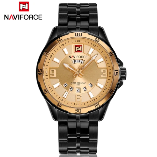 Мужские золотые часы Топ бренд Naviforce 9106 спортивные часы мужские водонепроницаемые полностью Стальные кварцевые армейские военные часы мужские Relogio Masculino - Цвет: Black Gold