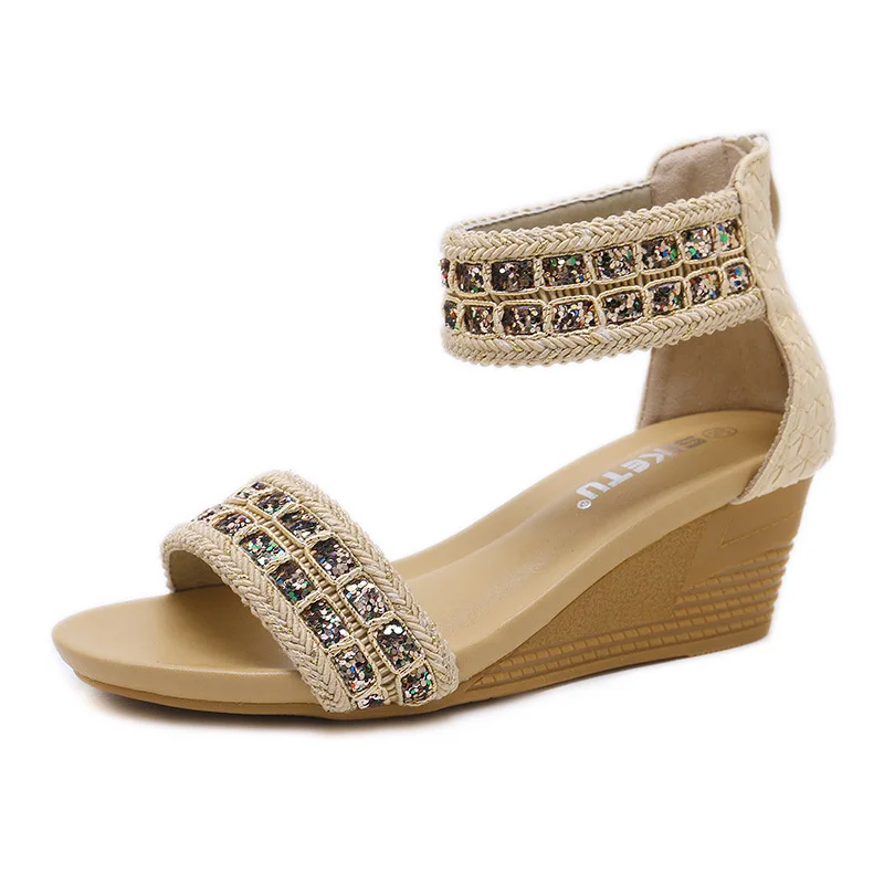 

New Roman Style Women Sandal Bohemian Wedges Heel Large Size Comfortable Shoes Girls Rhinestone Gingham Pattern Vintage Sandals