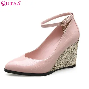 

QUTAA 2018 Women Pumps PU Leather Woman Shoes Ankle Strap Platform Wedge High Heel Pointed Toe Ladies Wedding Pumps Size 34-43
