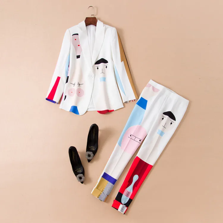 Truevoker, весенний дизайнерский комплект, костюм для женщин, высокое качество, длинный рукав, милый красочный мультяшный принт, Блейзер, топ+ штаны, костюм-двойка