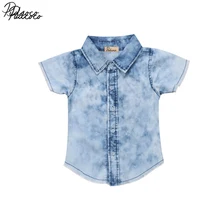 Helen115 повседневная детская одежда для маленьких мальчиков хлопковая джинсовая рубашка с короткими рукавами и отложным воротником для детей от 2 до 7 лет