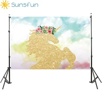

Sunsfun 7x5FT Aquamarine Clouds Sky Gold Unicorn Pink Flowers Baby Shower Custom Photo Studio Backdrop Background 220x150cm