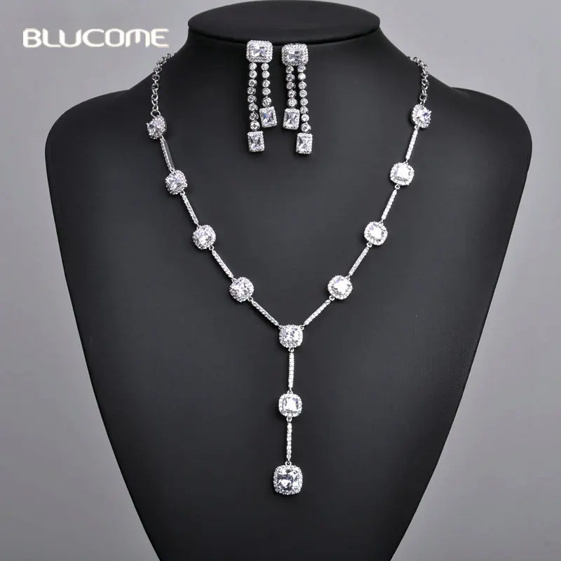 Женский комплект из колье и серёг Blucome кулона сережек подвесок с квадратным