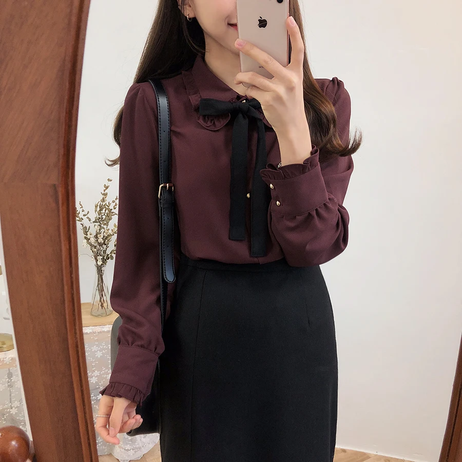 sexy blouses for women Bow Shirts Woman Long Sleeve Button Chiffon Blouse Women 2020 New Embroidery Blouses Butterfly Sleeve Casual White Shirt Femme black long sleeve top