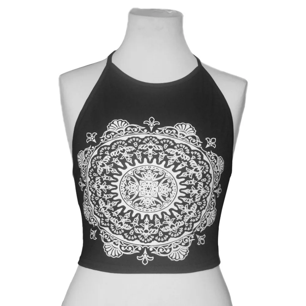 Для женщин Halter Neck Top Талия низкая, маленький жилет сексуальные подтяжки Топы Этническая Стиль для девочек с принтом модные 2018