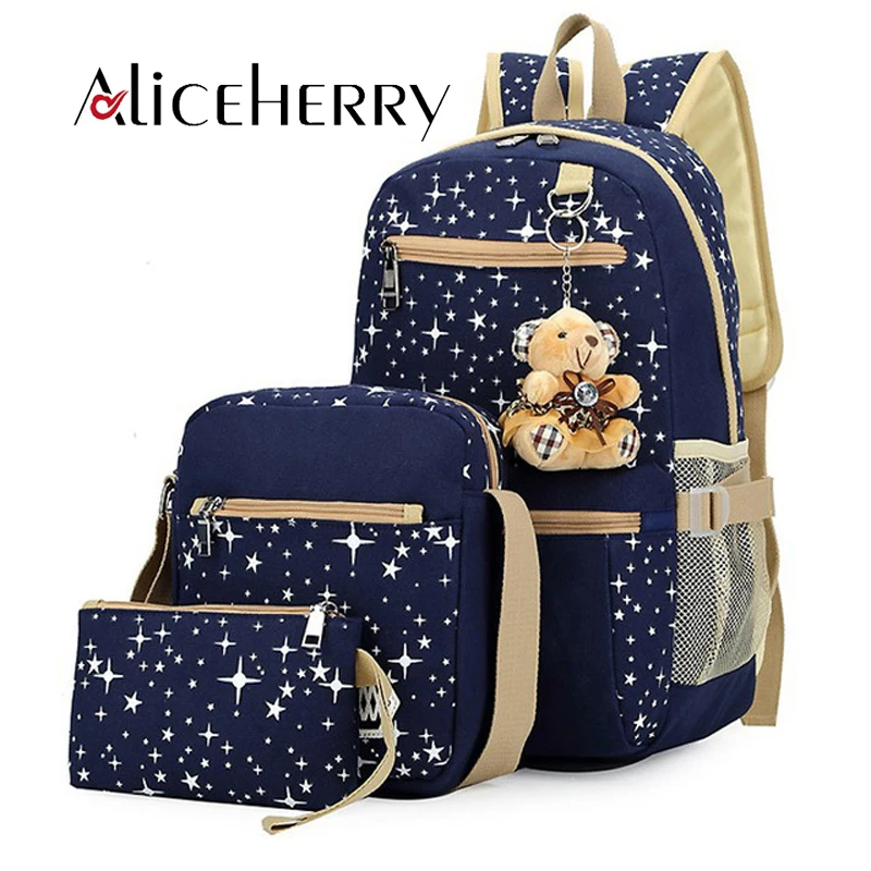 

Women Canvas 3 pcs/set Backpacks For Teenage Girls School Bags Large High Quality Mochila Fashion women's Bear Backpack