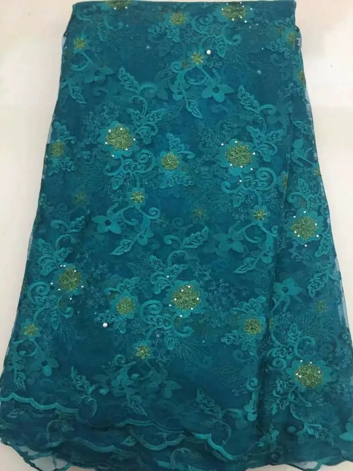 

5 Yards/pc Fashionable teal french net lace with flower embroidery african mesh lace fabric for dress LN8-1