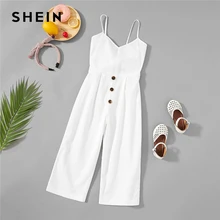 SHEIN White Solid Girls Button Up Front Cami Jumpsuit Children 2019 Spring Fashion Sleeveless Casual Jumpsuits For Kids Girls shein girls black solid button up belted casual girls skirts kids clothing 2019 spring fashion a line preppy long flared skirts