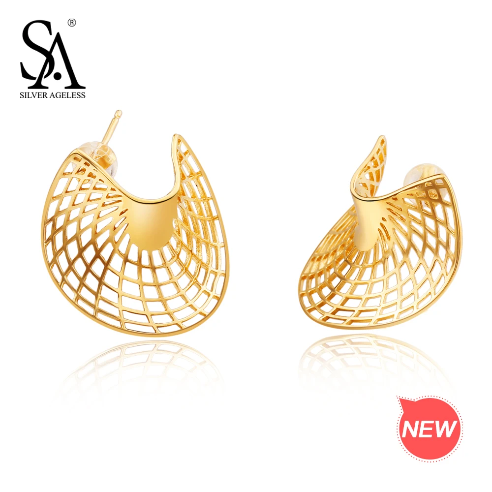 

SILVER AGELESS 925 Sterling Silver 14K Yellow Gold Plated Stud Earrings for Women Sector Earrings Fashion Jewelry Gift For Woman